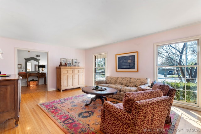 living room with light hardwood / wood-style floors