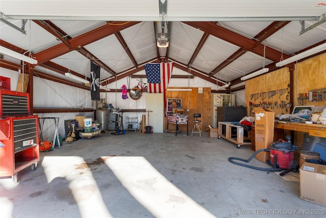 garage with a workshop area