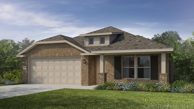 view of front of home with a garage, roof with shingles, concrete driveway, and brick siding