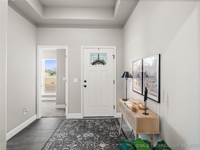 foyer featuring a tray ceiling, baseboards, and wood tiled floor