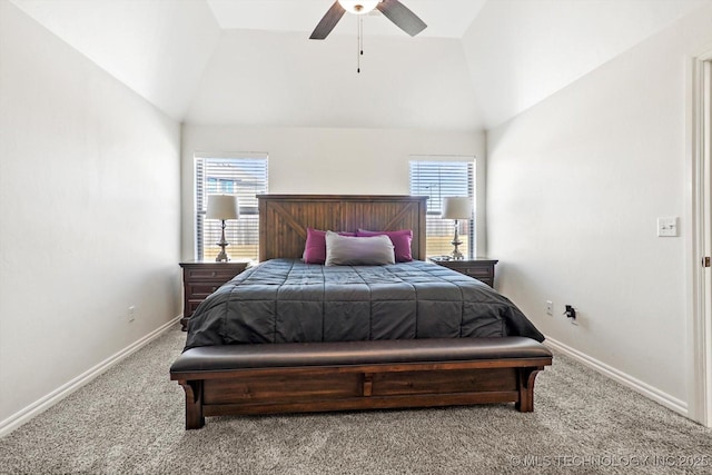 bedroom featuring lofted ceiling, ceiling fan, carpet flooring, and multiple windows