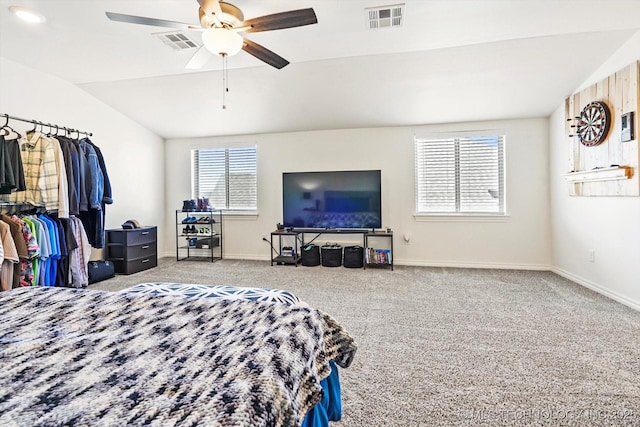 bedroom featuring carpet floors, ceiling fan, and vaulted ceiling