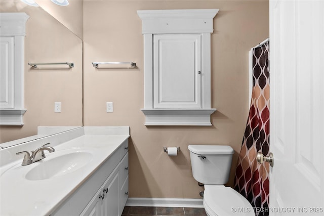 bathroom featuring toilet, tile patterned flooring, and vanity