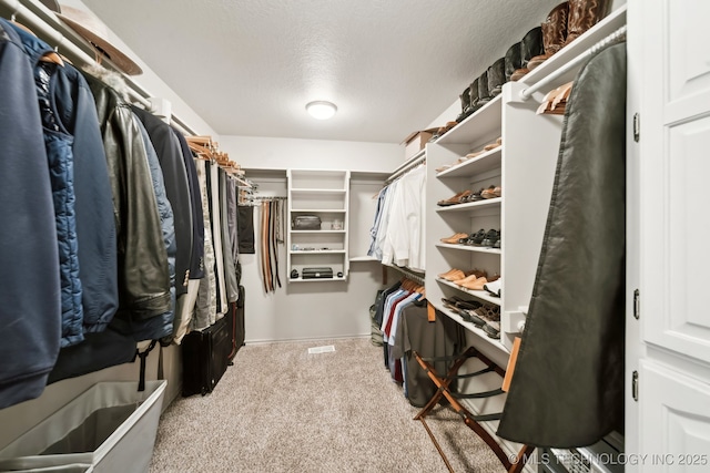 spacious closet featuring light colored carpet