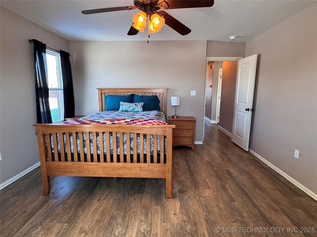 bedroom featuring ceiling fan and dark wood-type flooring