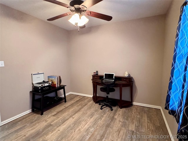 office area featuring hardwood / wood-style flooring and ceiling fan