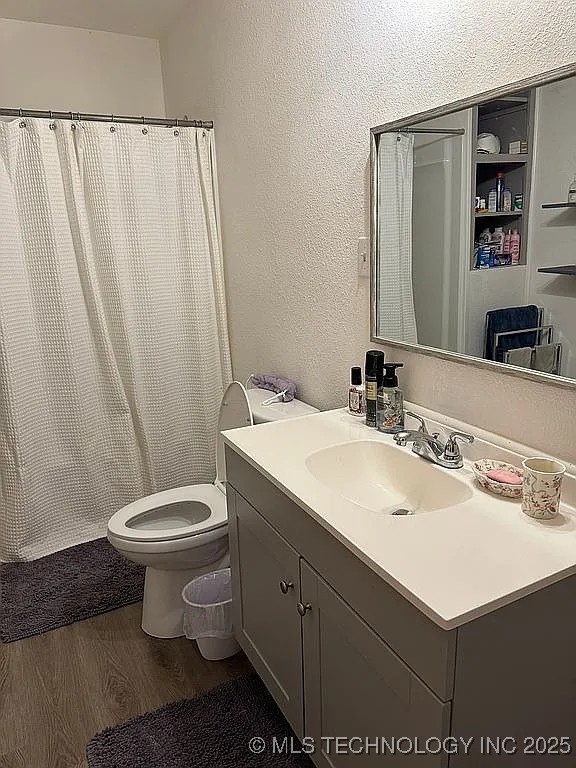 bathroom featuring toilet, wood-type flooring, and vanity