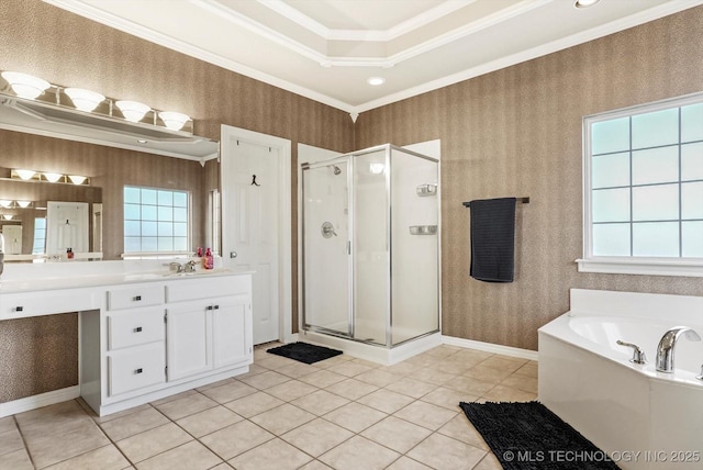 bathroom featuring tile patterned flooring, plus walk in shower, crown molding, vanity, and a tray ceiling