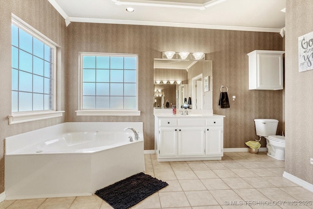 bathroom with tile patterned floors, ornamental molding, and a healthy amount of sunlight