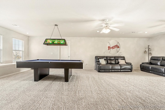 playroom with ceiling fan, billiards, and carpet