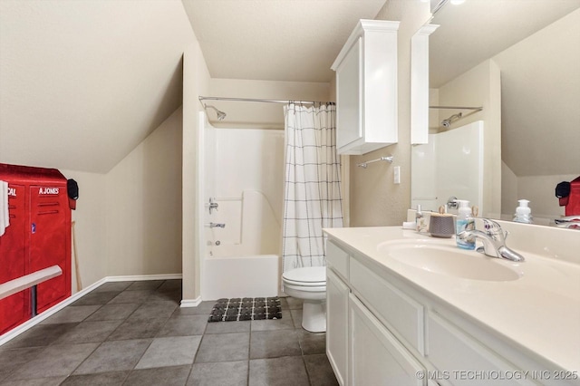 full bathroom featuring toilet, vanity, tile patterned flooring, and shower / bath combination with curtain