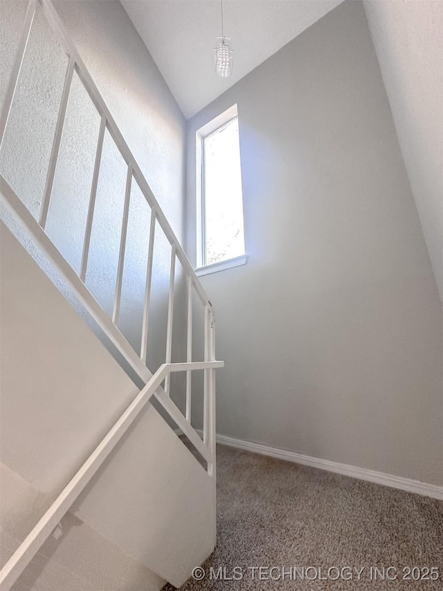 staircase featuring lofted ceiling and carpet floors