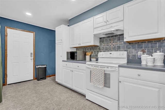 kitchen with white electric stove, white cabinetry, and backsplash