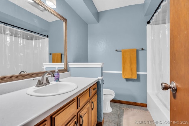 full bathroom with toilet, vanity, tile patterned flooring, and shower / bath combo with shower curtain