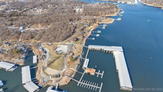 drone / aerial view featuring a water view