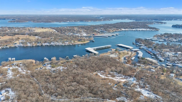 birds eye view of property featuring a water view