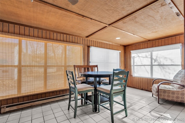 sunroom featuring baseboard heating and wooden ceiling