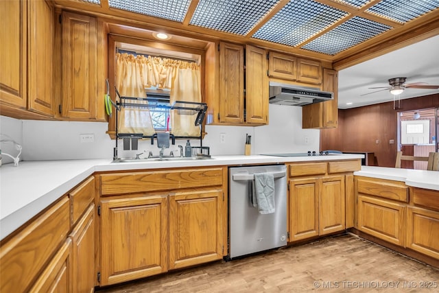 kitchen with light wood-type flooring, stainless steel dishwasher, black electric stovetop, and ceiling fan