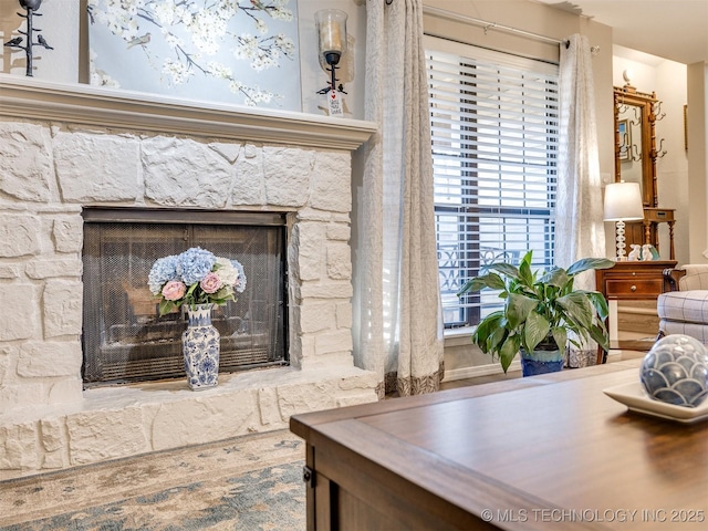 living room with a stone fireplace