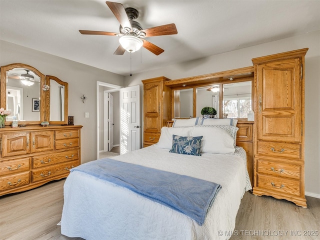 bedroom featuring ceiling fan and light wood-type flooring