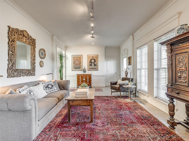 living room with plenty of natural light, track lighting, and ornamental molding