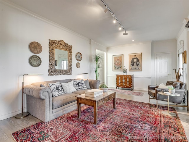 living room with wood-type flooring, ornamental molding, and track lighting