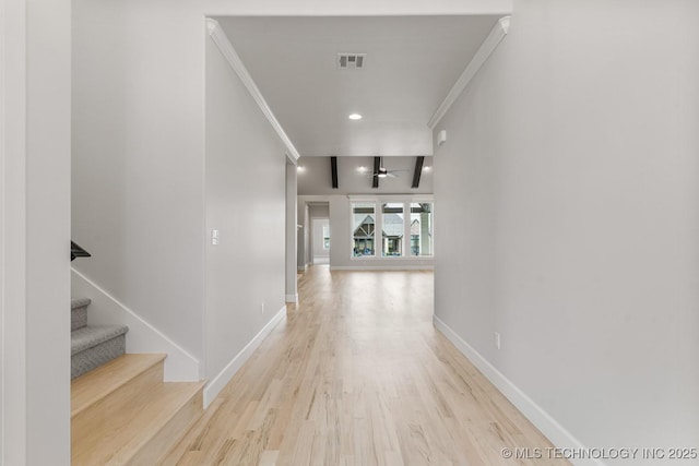 4006 S Dogwood Pl, Broken Arrow, OK 74012 - hall featuring crown molding, light wood-style floors, baseboards, stairway, and recessed lighting