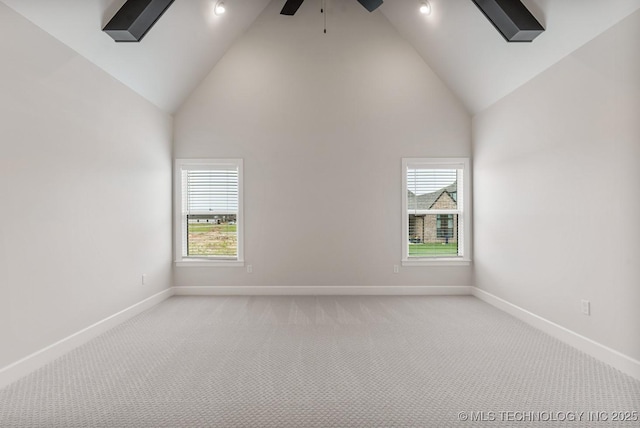 4006 S Dogwood Pl, Broken Arrow, OK 74012 - unfurnished room featuring high vaulted ceiling, baseboards, ceiling fan, and light colored carpet