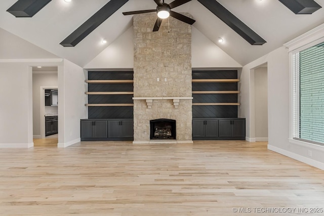 4006 S Dogwood Pl, Broken Arrow, OK 74012 - unfurnished living room with a ceiling fan, baseboards, wood finished floors, high vaulted ceiling, and beam ceiling