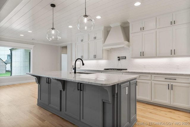 4006 S Dogwood Pl, Broken Arrow, OK 74012 - kitchen with custom range hood, a sink, recessed lighting, ornamental molding, and light wood finished floors