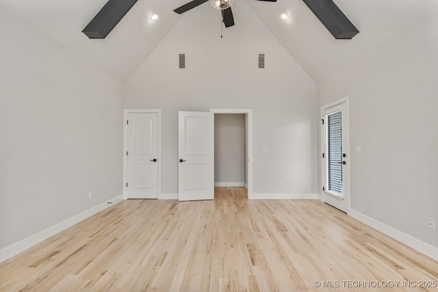 4006 S Dogwood Pl, Broken Arrow, OK 74012 - unfurnished living room featuring high vaulted ceiling, a ceiling fan, baseboards, and light wood-style flooring