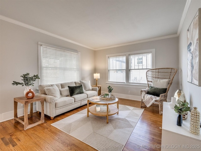 living room featuring wood-type flooring and ornamental molding