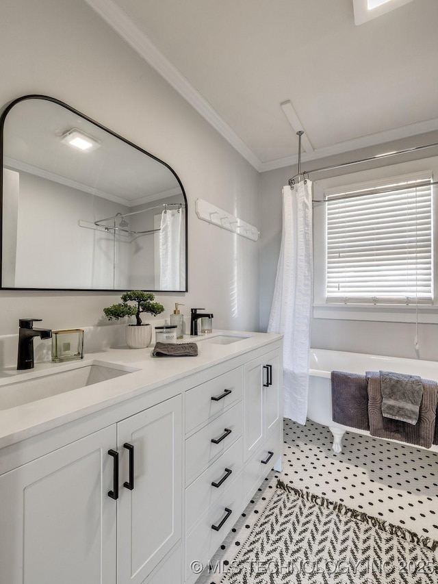 bathroom featuring tile patterned flooring, shower / bath combo with shower curtain, ornamental molding, and vanity