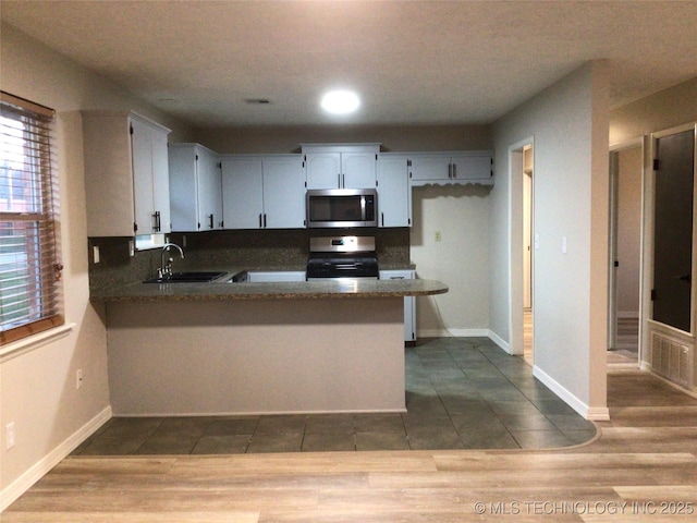 kitchen featuring sink, white cabinets, stove, kitchen peninsula, and wood-type flooring