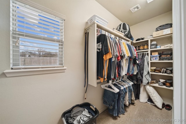 walk in closet with carpet