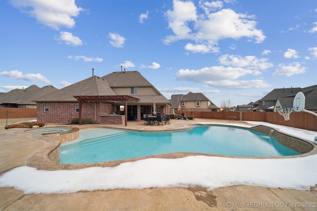 view of swimming pool featuring a patio, an in ground hot tub, and a pergola