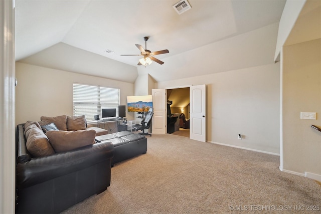 living room with ceiling fan, vaulted ceiling, and carpet