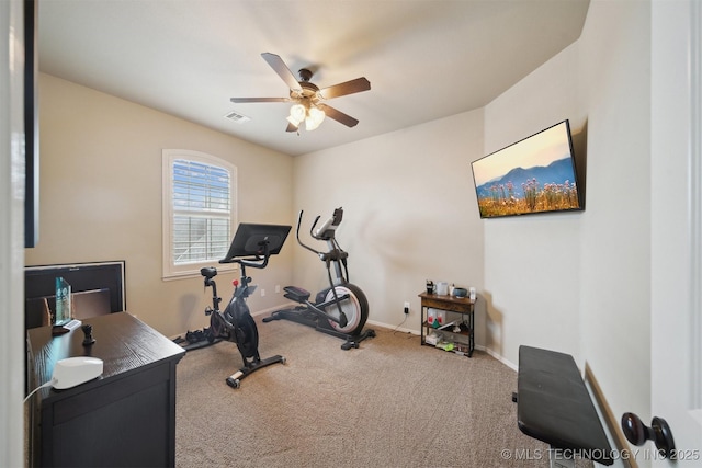 exercise room with ceiling fan and carpet floors