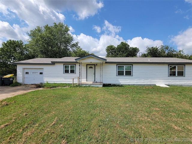 single story home featuring a front lawn and a garage