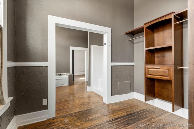 spacious closet featuring dark hardwood / wood-style flooring