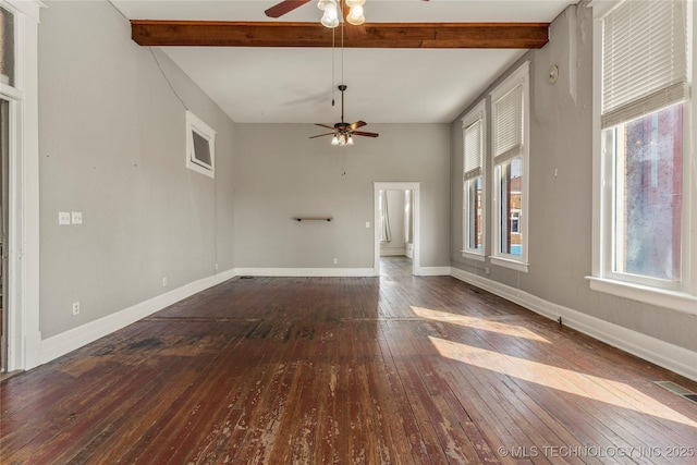 unfurnished living room with dark wood-type flooring, beam ceiling, and ceiling fan