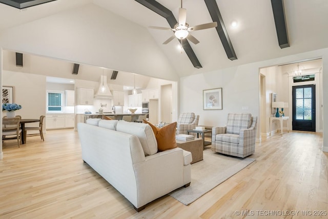 5809 E 126th Pl S, Tulsa, OK 74008 - living room featuring high vaulted ceiling, light wood-style floors, a ceiling fan, and beamed ceiling