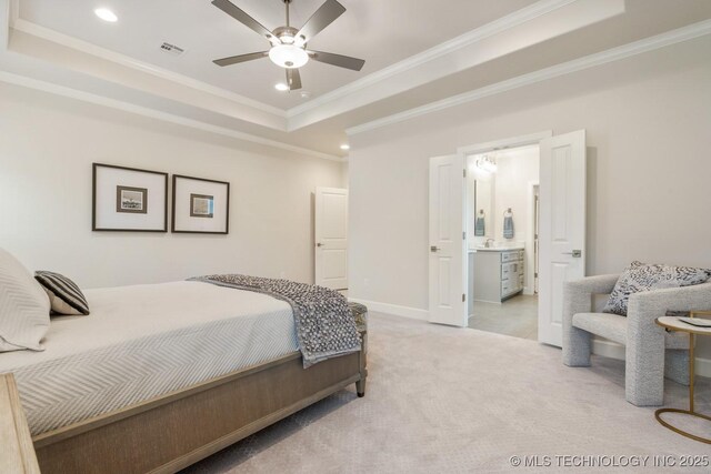 5809 E 126th Pl S, Tulsa, OK 74008 - bedroom with a tray ceiling, crown molding, light carpet, recessed lighting, and baseboards