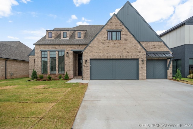 5809 E 126th Pl S, Tulsa, OK 74008 - view of front of home with brick siding, concrete driveway, board and batten siding, a front yard, and a standing seam roof