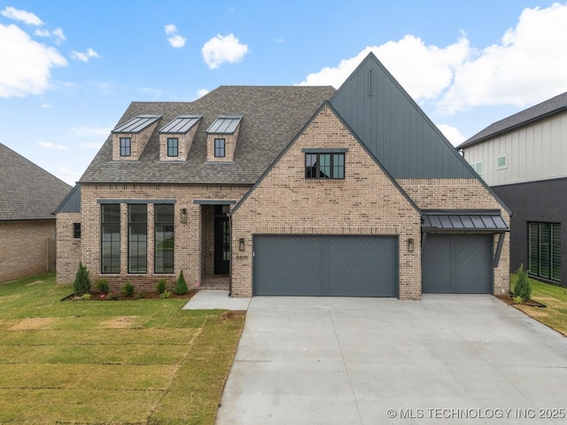5809 E 126th Pl S, Tulsa, OK 74008 - view of front of house featuring brick siding, concrete driveway, a front yard, a garage, and a standing seam roof