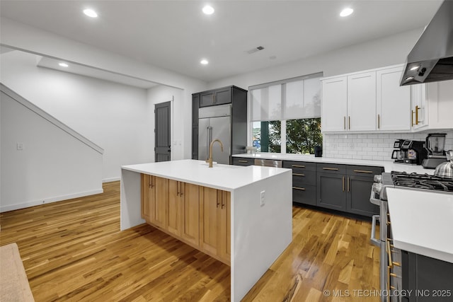 kitchen with stainless steel appliances, white cabinetry, wall chimney exhaust hood, backsplash, and a kitchen island with sink