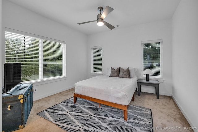 bedroom featuring carpet flooring, ceiling fan, and multiple windows