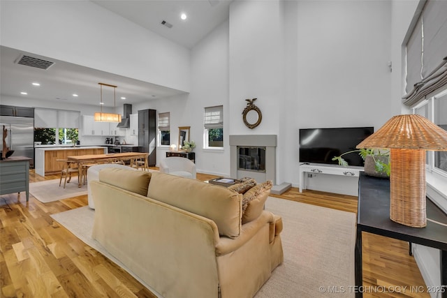 living room with a high ceiling and light hardwood / wood-style flooring