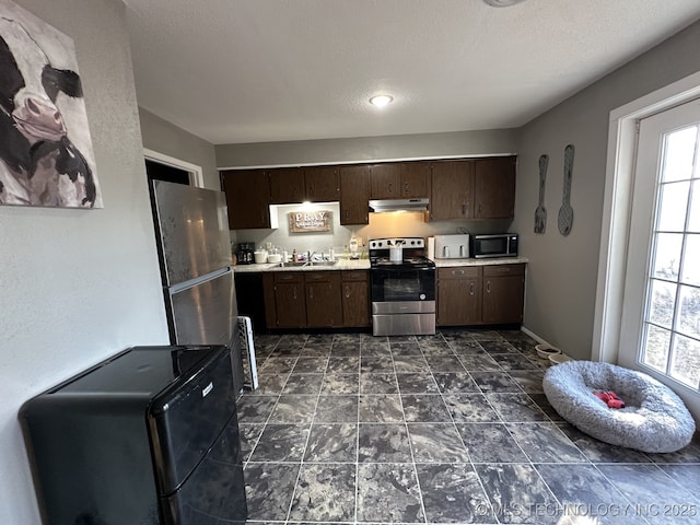 kitchen with sink, a wealth of natural light, dark brown cabinets, and appliances with stainless steel finishes