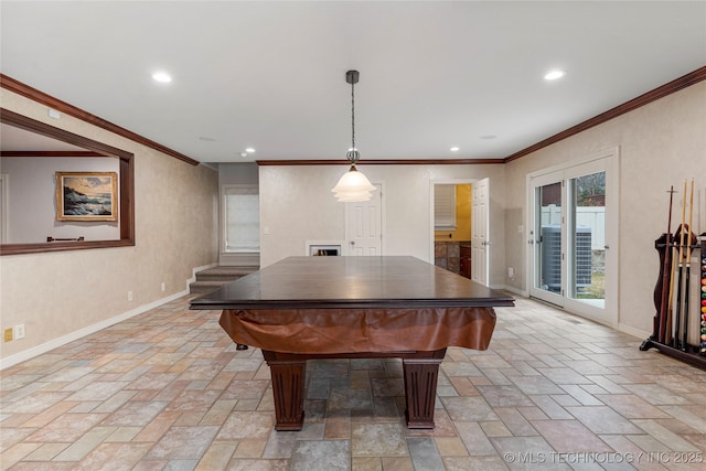 rec room featuring pool table and crown molding